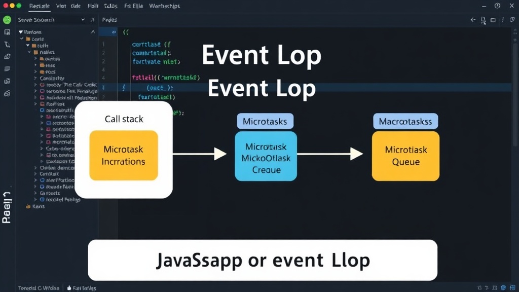 Diagram illustrating the JavaScript event loop with Call Stack, Microtask Queue, and Macrotask Queue