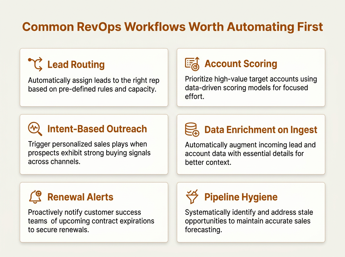 Infographic grid of six RevOps automation workflows including lead routing and account scoring