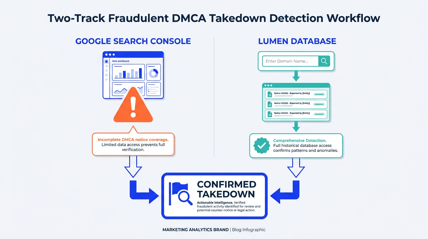 Infographic showing two-track workflow using GSC and Lumen Database to detect fraudulent DMCA takedowns