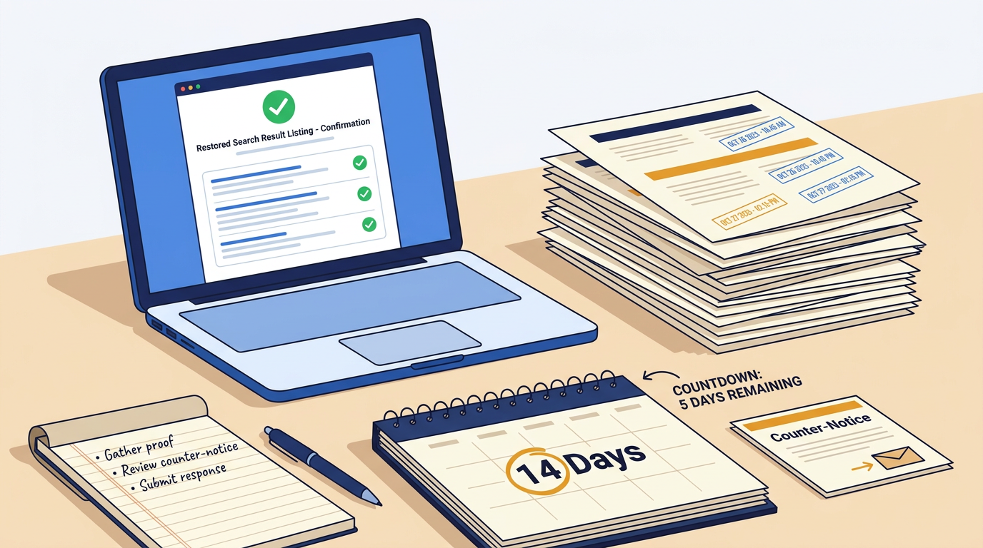 Illustration of publisher's desk with counter-notice evidence for fraudulent DMCA takedown response
