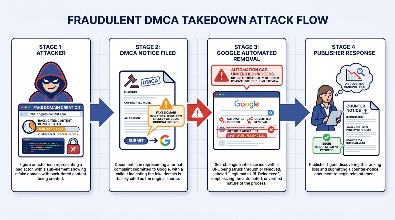 Sequence diagram of a fraudulent DMCA takedown exploiting Google's automated removal process