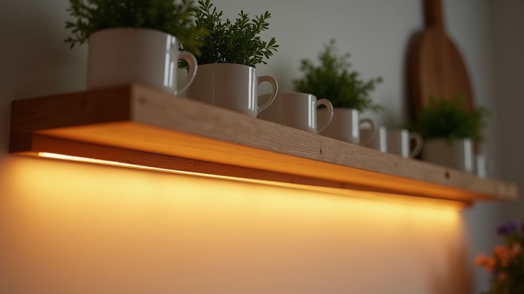 Warm LED strip backlight glowing beneath a floating kitchen shelf
