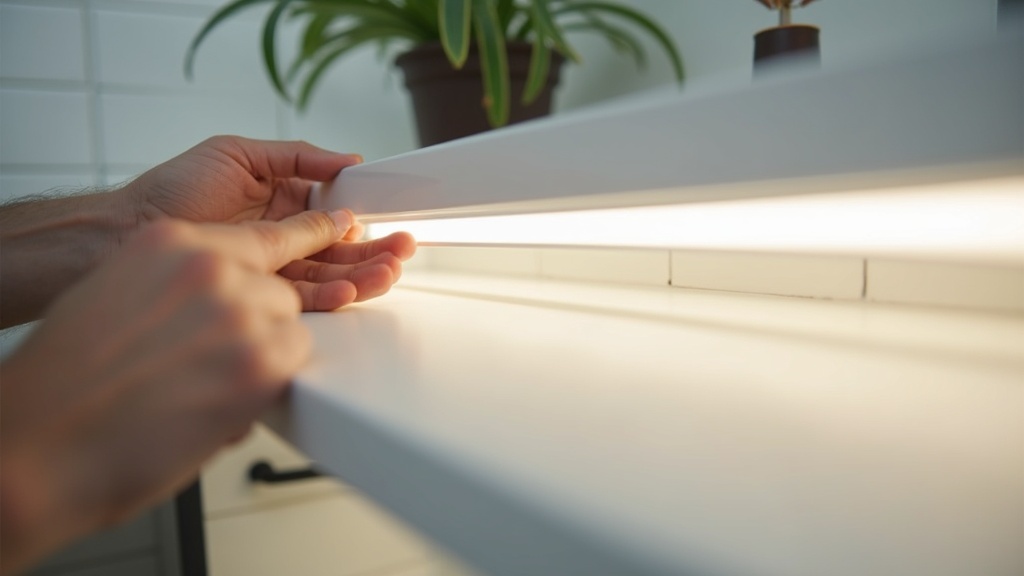 Pressing peel-and-stick LED strip onto the underside of a kitchen shelf