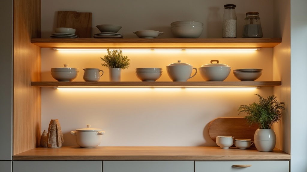Temporary backlighting on rental kitchen floating shelves with warm LED strip lights