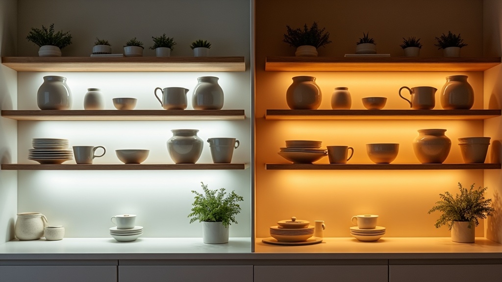 Comparison of cool white and warm white LED backlighting on kitchen shelves