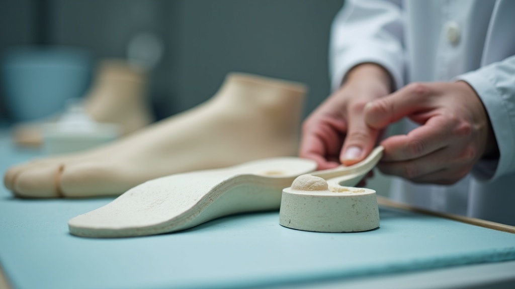 Custom orthotic insole next to foot cast at podiatrist clinic