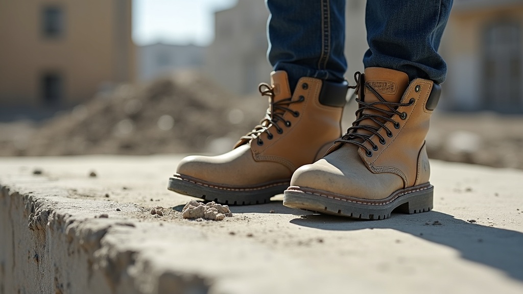 Construction worker boots on rough concrete jobsite floor