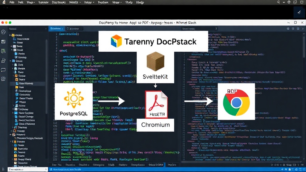 Diagram illustrating the DocPenny tech stack with SvelteKit, Hono, PostgreSQL, pg-boss, and Chromium