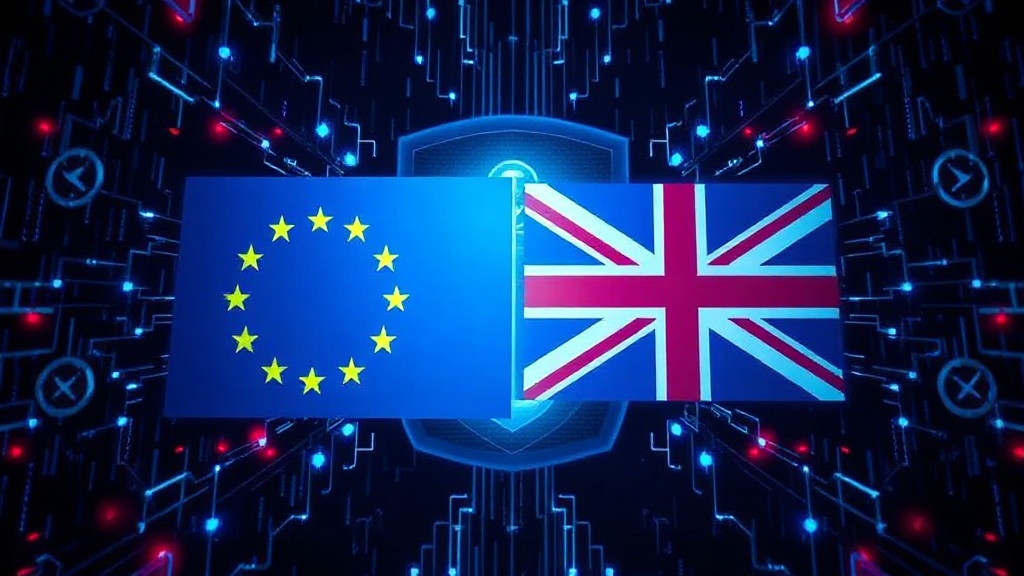 European Union flag and United Kingdom flag superimposed over a digital network grid