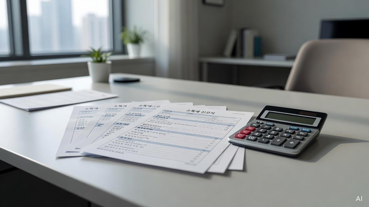 tax return documents and calculator placed on a clean office desk