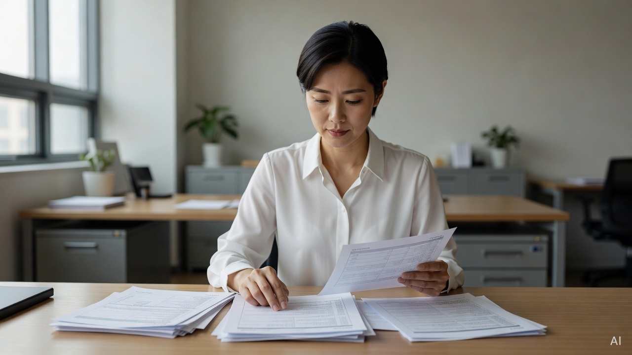 Korean woman in her 30s, short black hair, reviewing printed documents at a desk