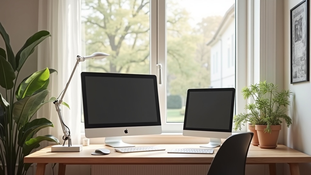 Home office desk with soft natural light and a task lamp, no glare on monitor