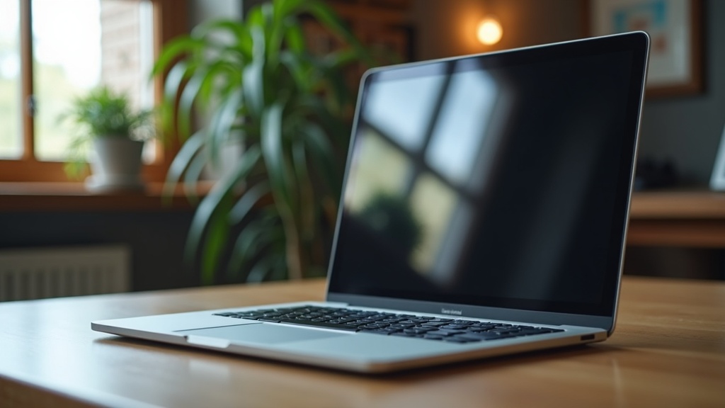 Glare reflecting from a window onto a laptop screen in a home office