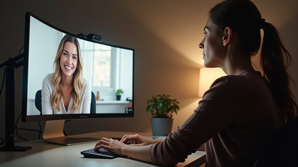 Soft front-facing LED panel lighting a person evenly during a video call