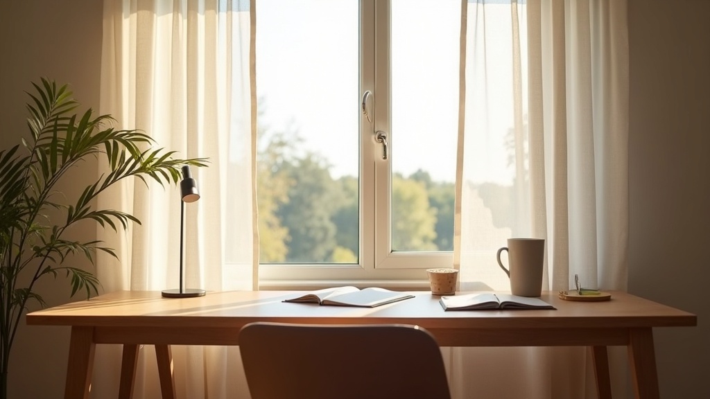 Sheer linen curtains diffusing natural light in a home office