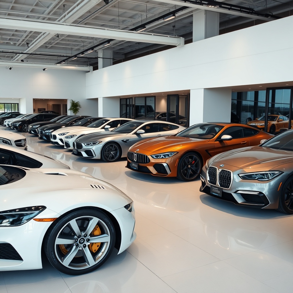 A luxury car dealer with only pearl white and cocoa brown cars