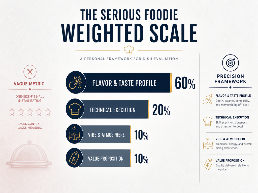 A weighted scoring framework for foodies comparing a vague five-star rating to a precise system of flavor, execution, vibe, and value metrics.