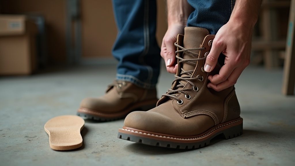Work boot and aftermarket insole on concrete floor