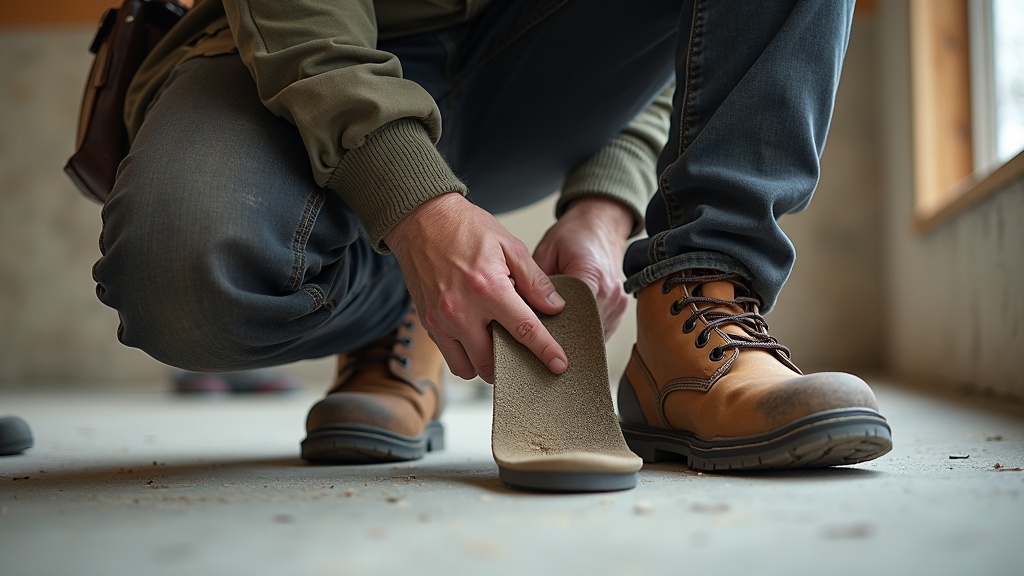 Worker inserting insole into work boot on a construction site