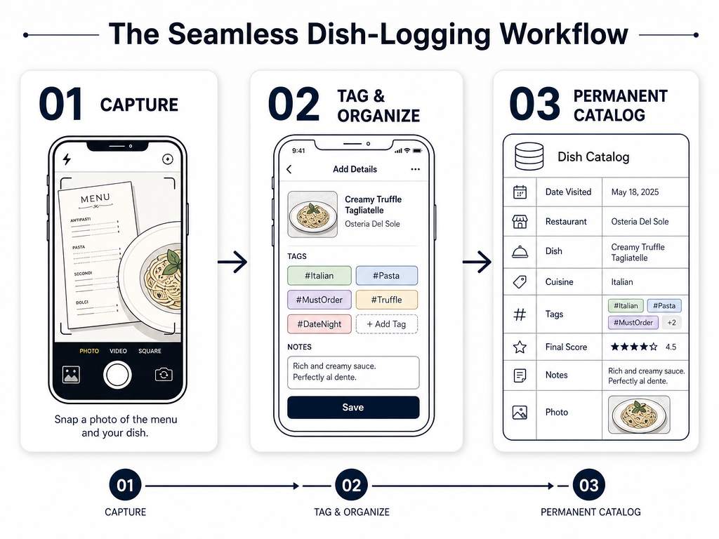 A three-step process diagram illustrating the workflow from capturing a dish photo to tagging it and entering it into a permanent personal database.