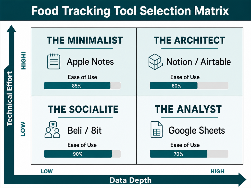 A tool selection matrix comparing different apps and methods for tracking personal food ratings based on technical effort and depth of data analysis.