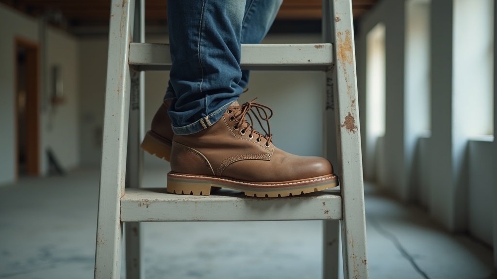 Electrician boot flexing on a ladder rung, showing foot stress