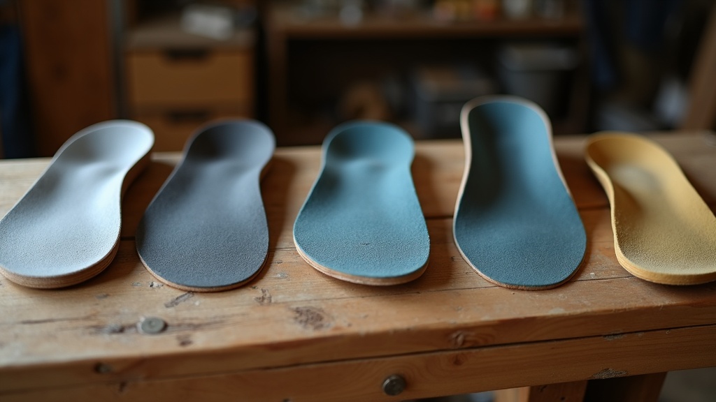 Five work insoles compared side by side showing arch and heel cup differences