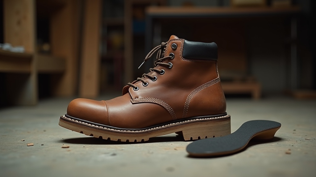 Electrician work boot with insole pulled out on concrete floor