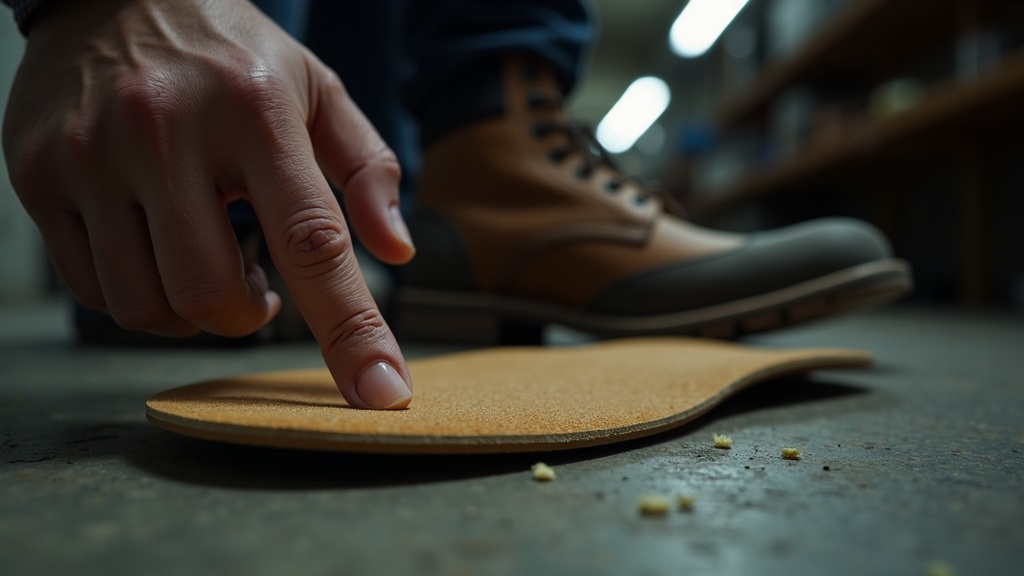 Testing insole firmness by pressing with thumb before placing in work boot