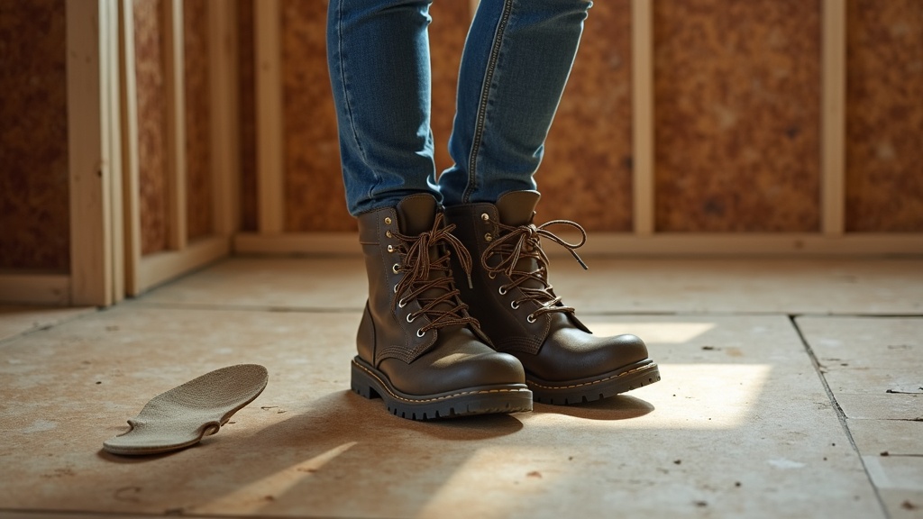 Women's work boots with moisture wicking insole on construction site subfloor