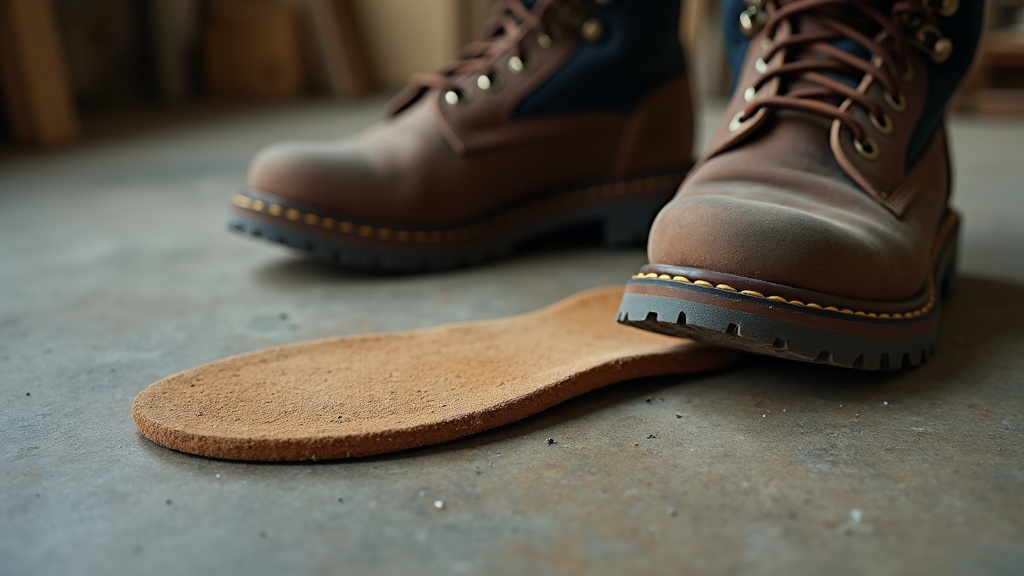 Worn and sweat-stained work boot insole removed from steel-toe construction boot