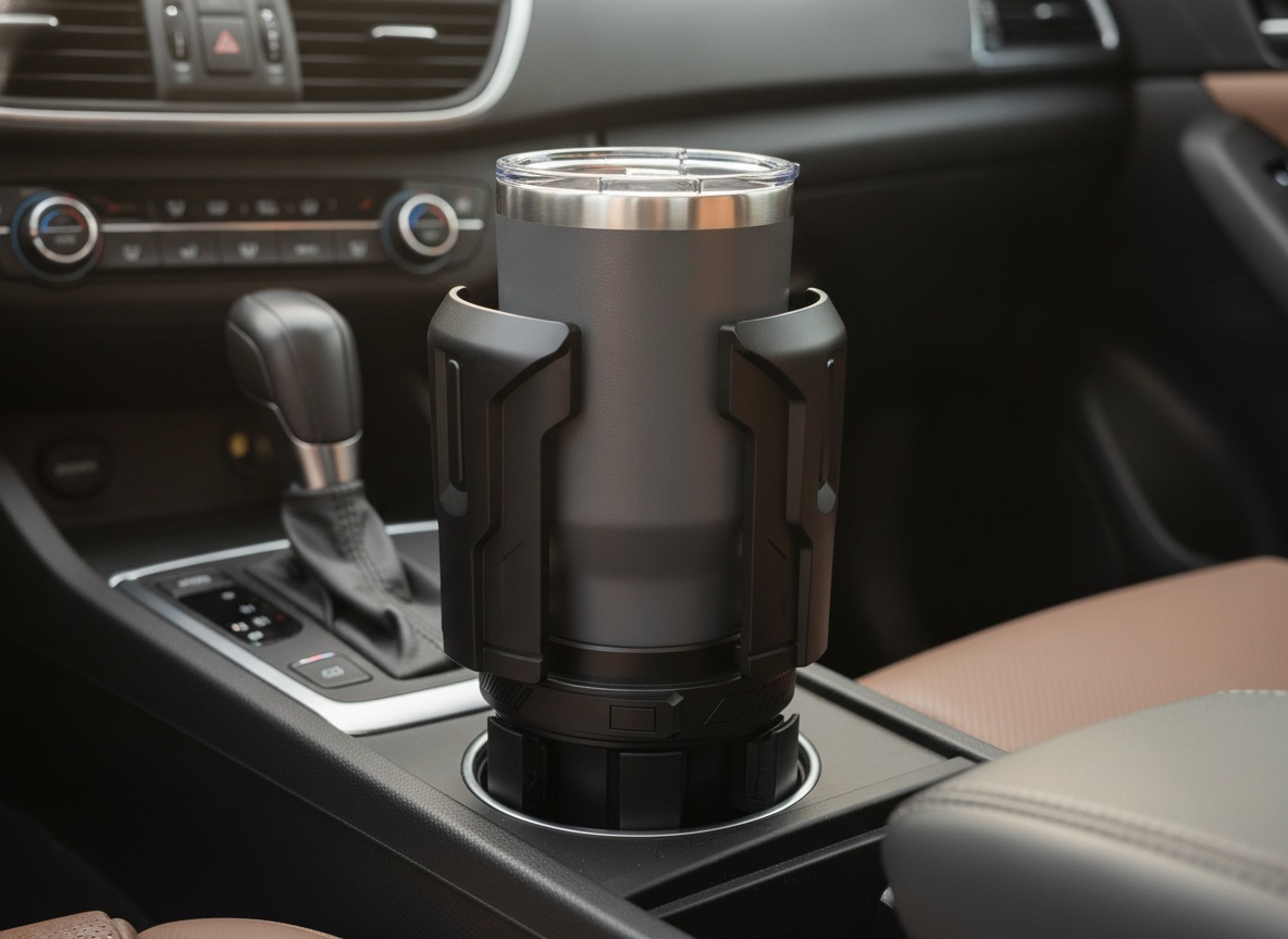 Cup holder expander securing a large insulated bottle in a car's cup holder amid dashboard and console