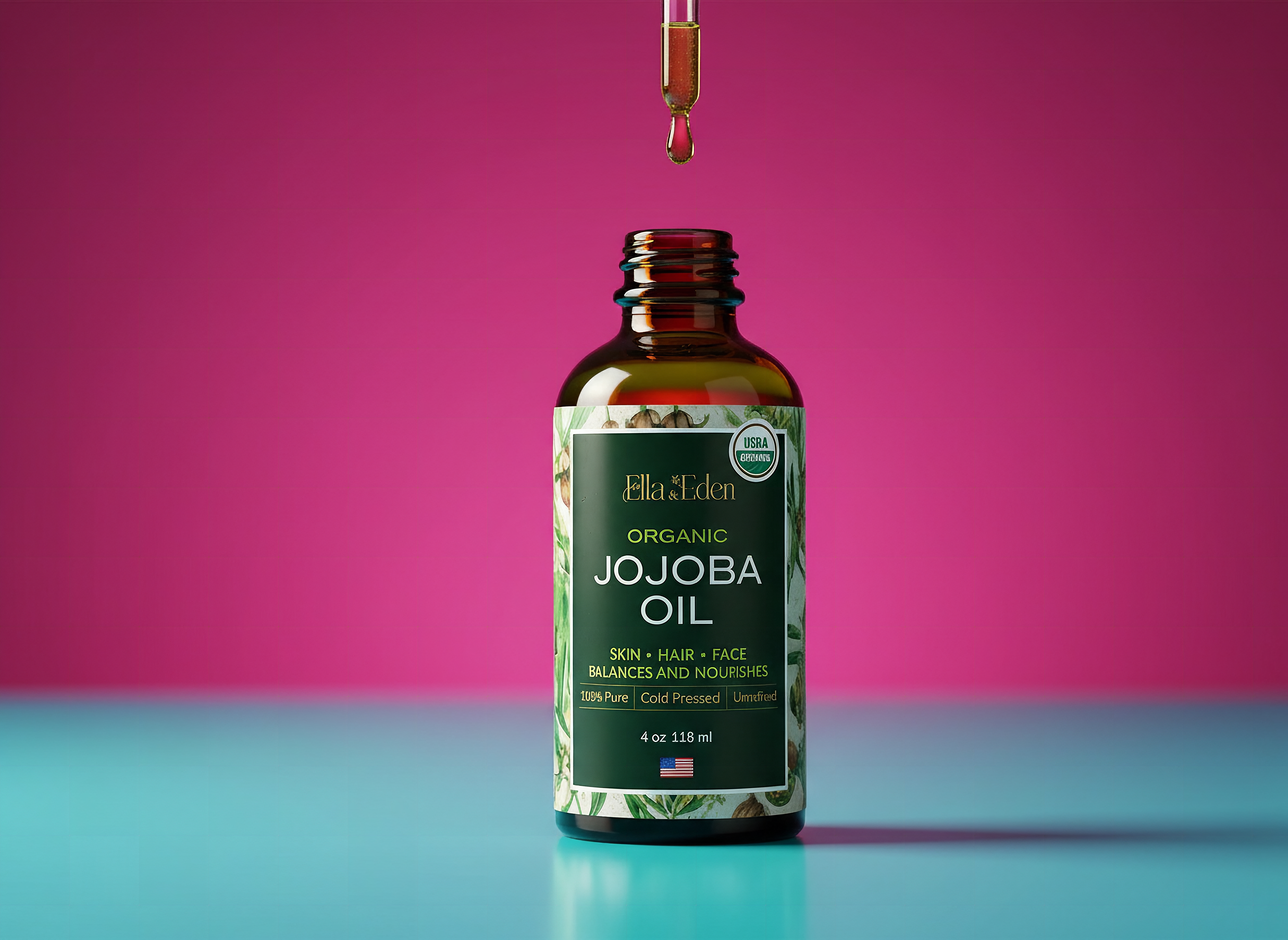Golden jojoba oil in glass bottle, extreme close-up showing liquid clarity and rich color
