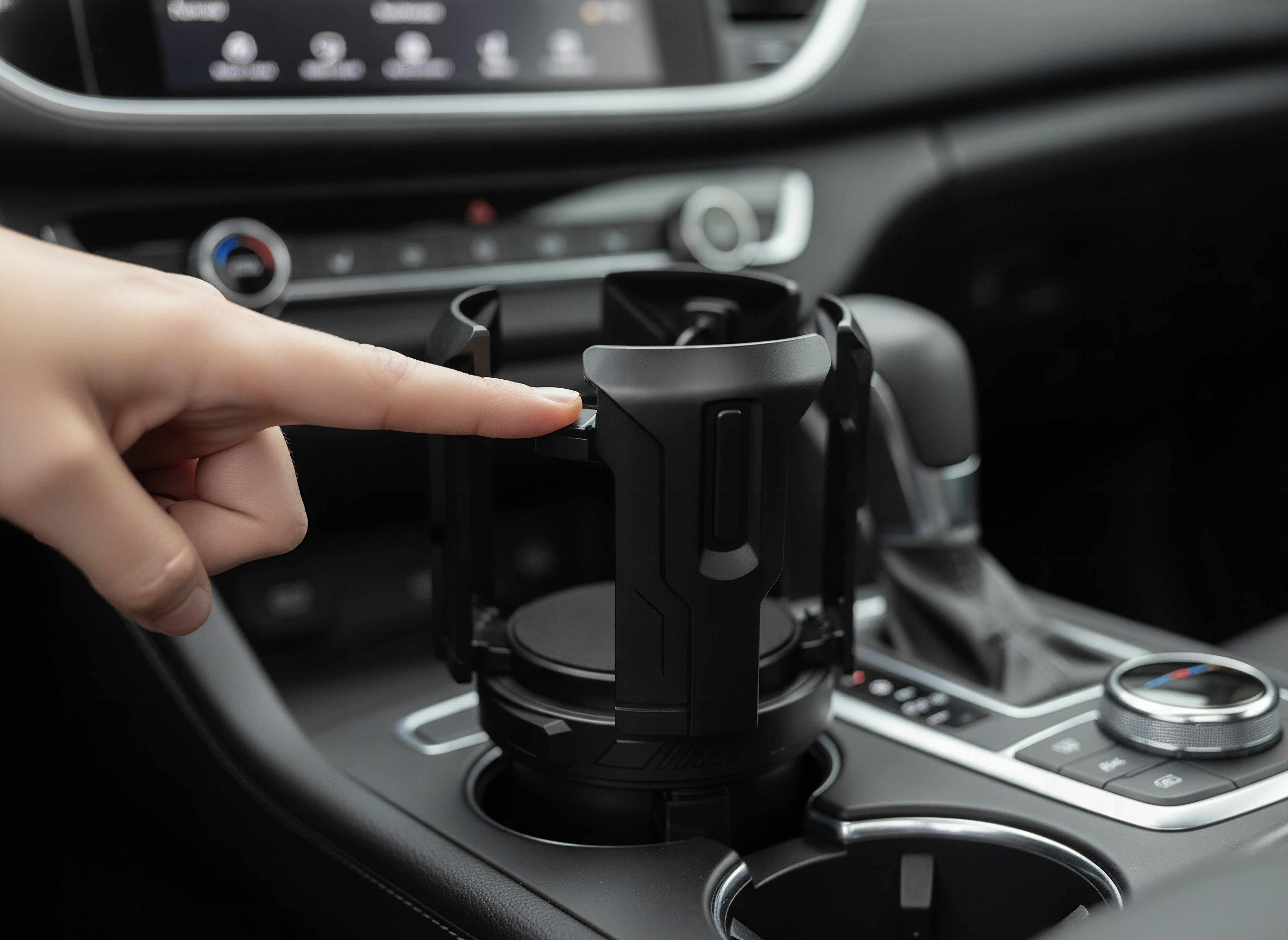 Close-up of black cup holder expander with finger near the one-button release mechanism