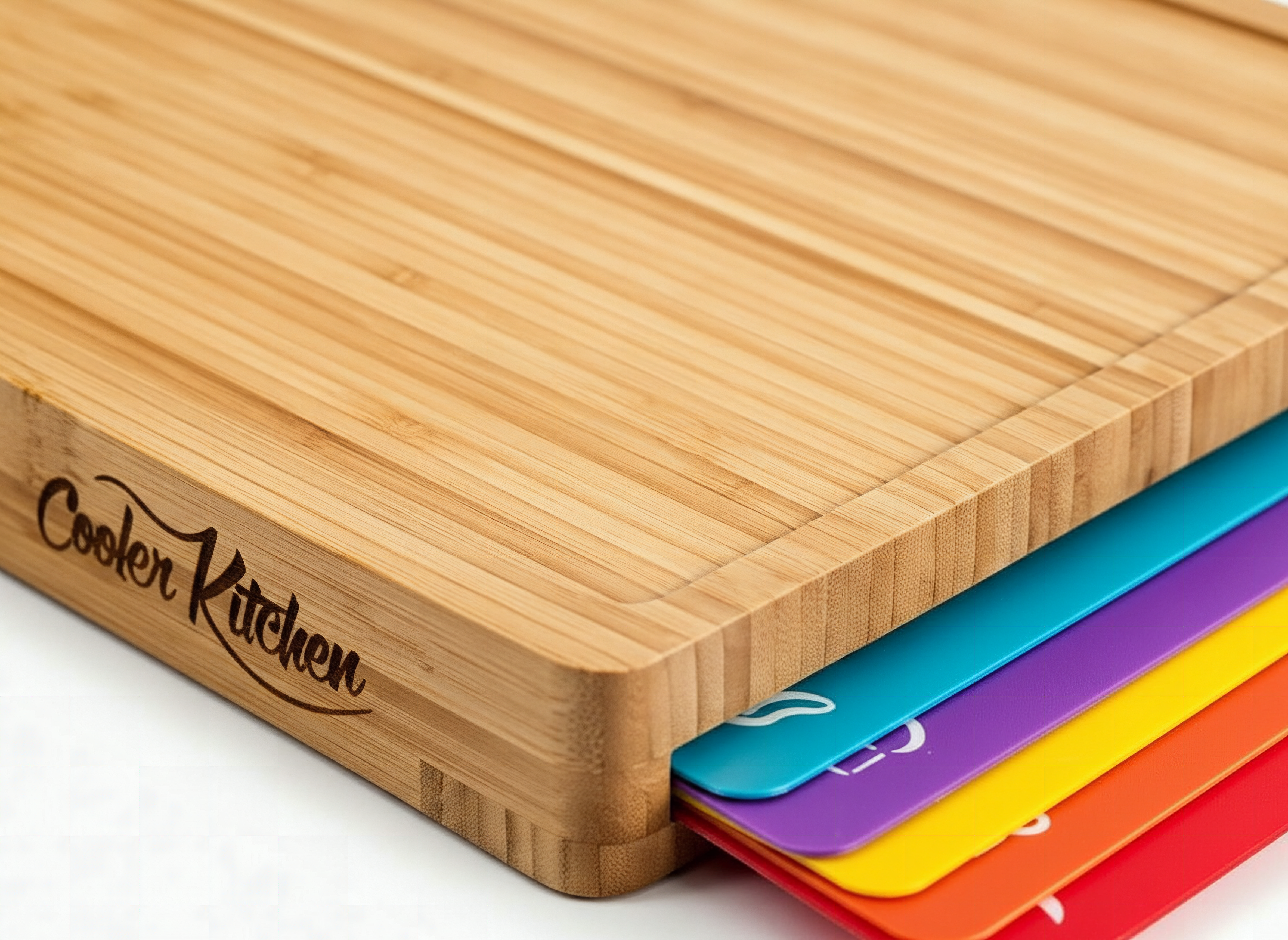Macro detail of bamboo cutting board with color-coded mat edges and food icons in sharp focus