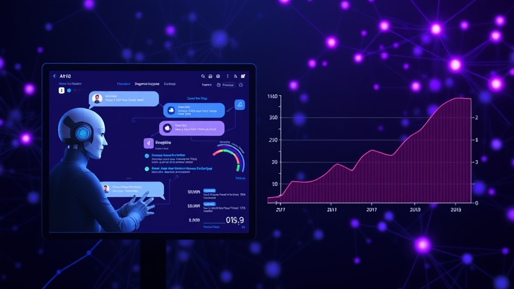 A split screen showing a person interacting with an AI chatbot and a graph illustrating rising AI anxiety statistics