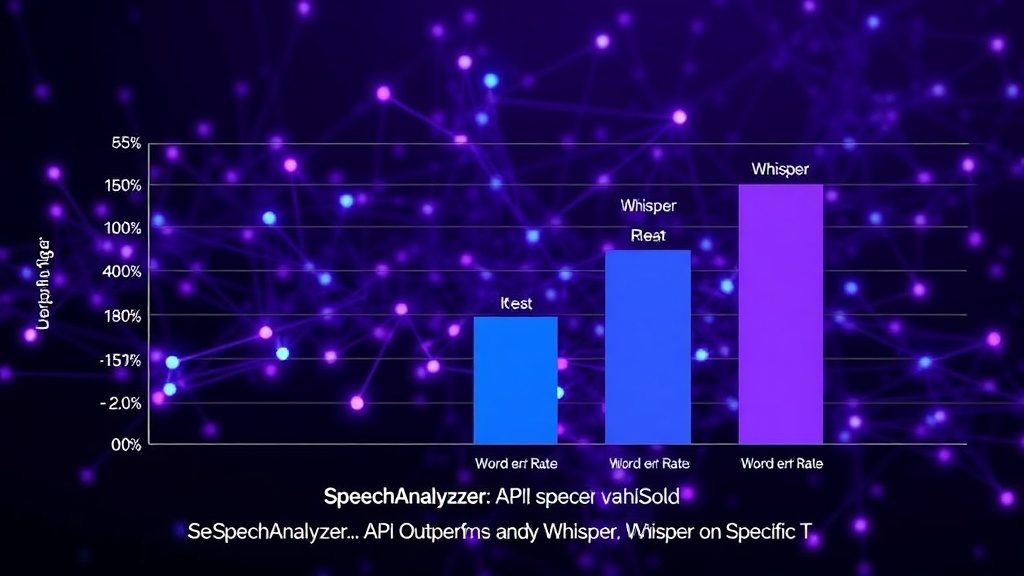 Bar chart comparing Word Error Rate for SpeechAnalyzer, Whisper, and Apple's previous engine.