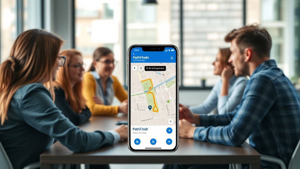 PathFindr app interface showing a map with AI-generated navigation route
