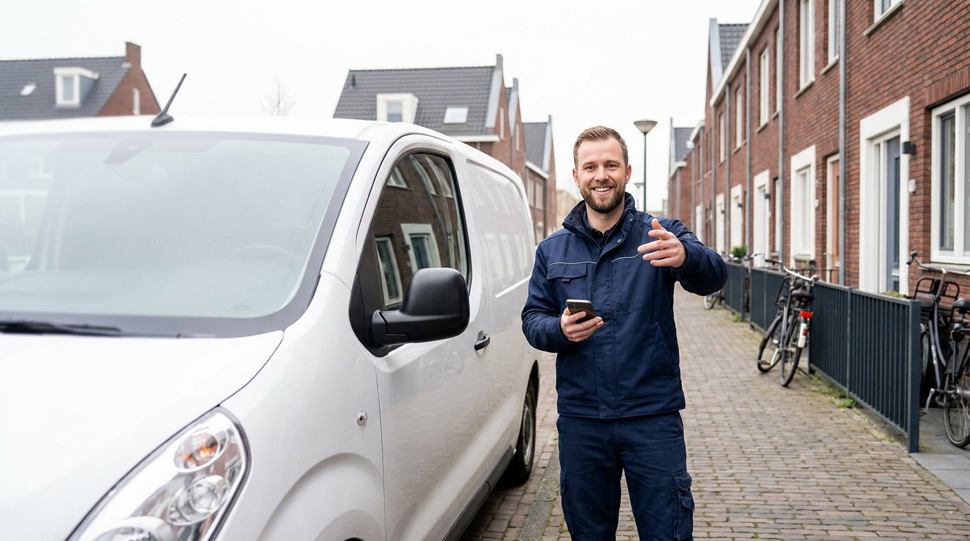 Vriendelijke installateur in werkkleding met smartphone naast een witte servicebus voor een woning