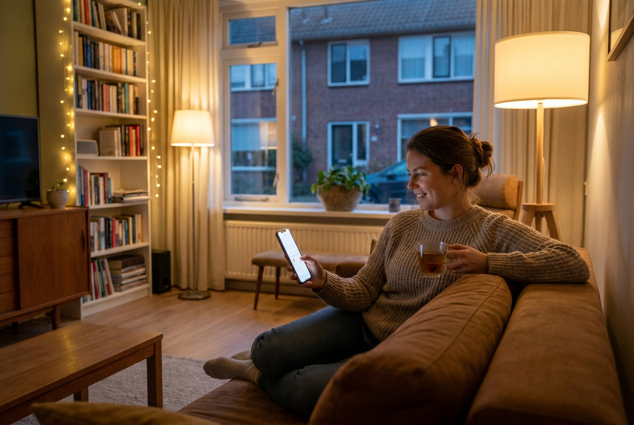 Ontspannen klant maakt 's avonds thuis op de bank een afspraak met een installatiebedrijf via de smartphone