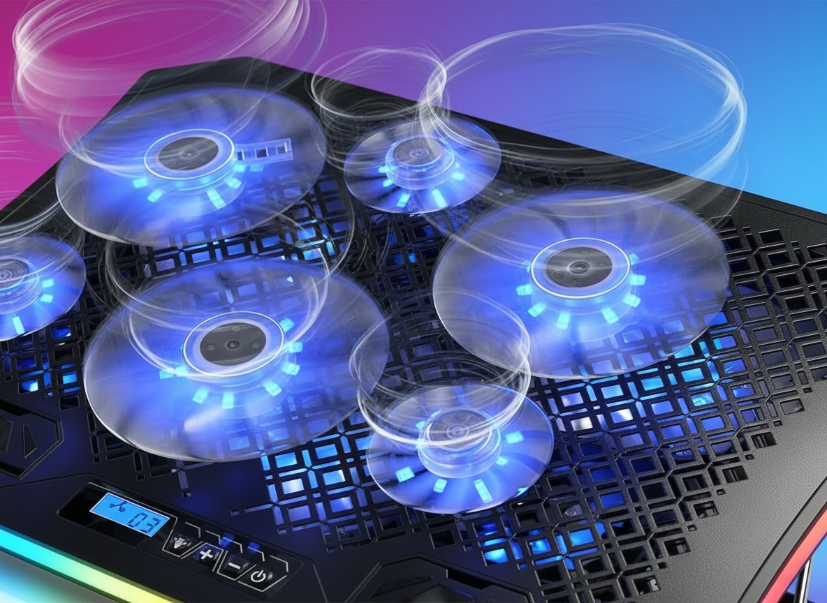Macro detail of KeiBn cooling pad's six fans with glowing blue RGB lights and intricate fan blade design