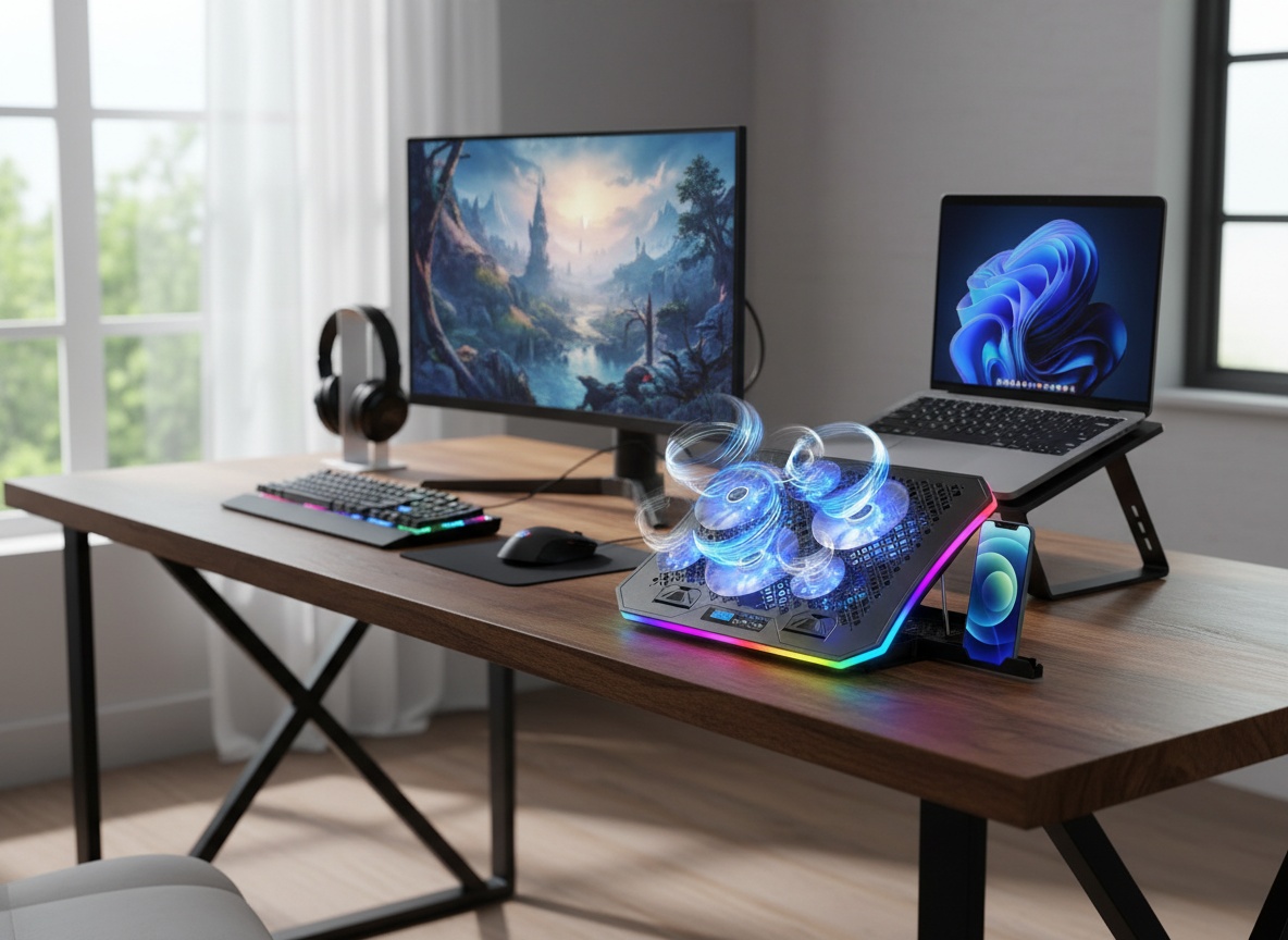 KeiBn laptop cooling pad with RGB lights active on a home office desk, supporting an elevated laptop