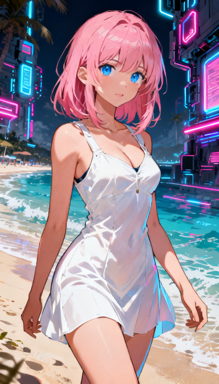 full body shot, wearing vestido blanco, playa, high detail