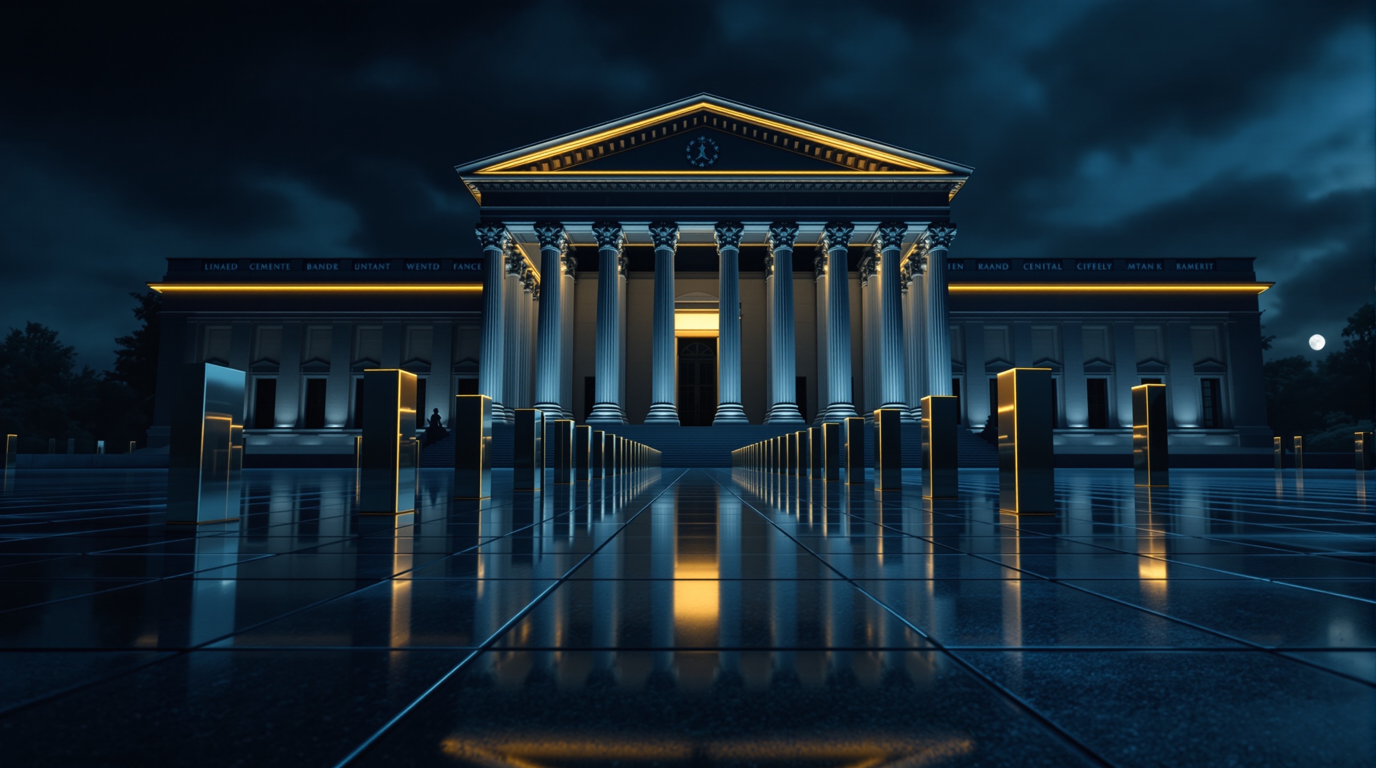 neoclassical central bank facade seen across a reflective obsidian trading floor with a row of metallic gold and silver obelisks (yield-curve markers) — editorial cover artwork for the Knightron story on June FOMC Minutes Put The Fed’S Reaction Function And Liquid