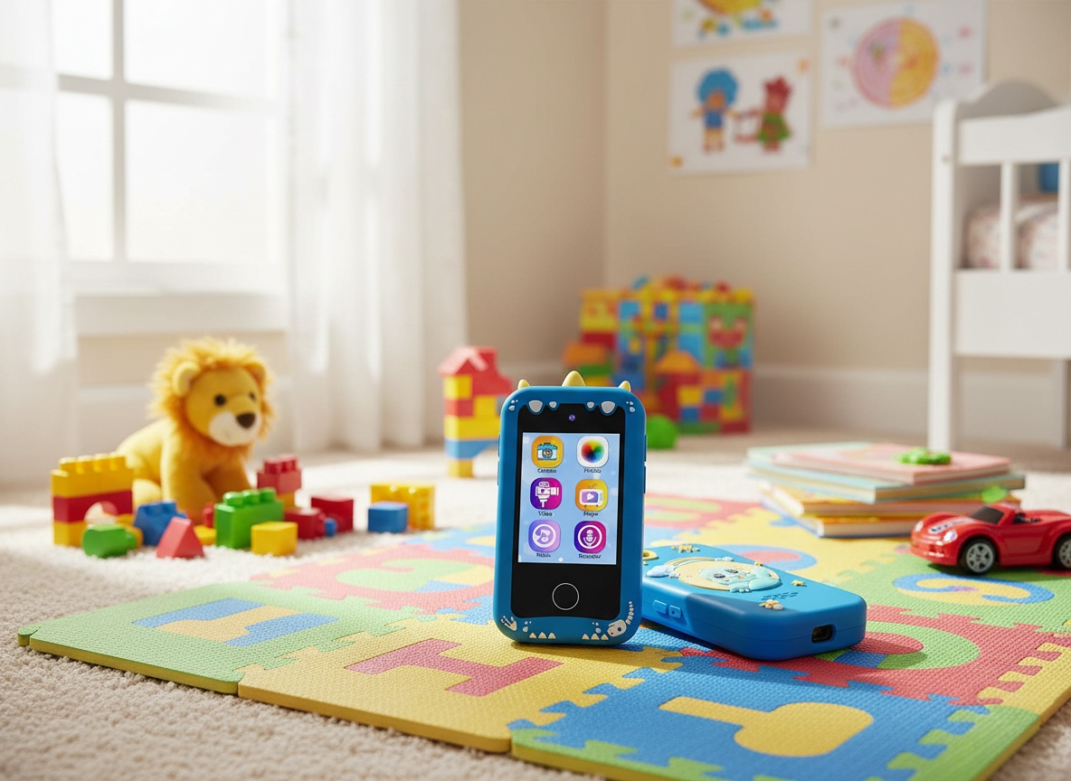 KOKODI Kids Smart Phone on a playmat in a toy-filled children's bedroom with blocks and stuffed animals nearby