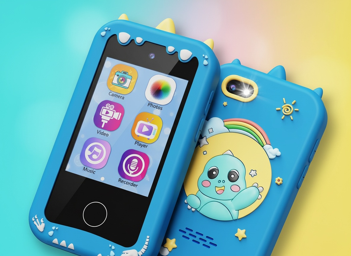 KOKODI Kids Smart Phone extreme close-up showing colorful touchscreen apps and dual camera detail