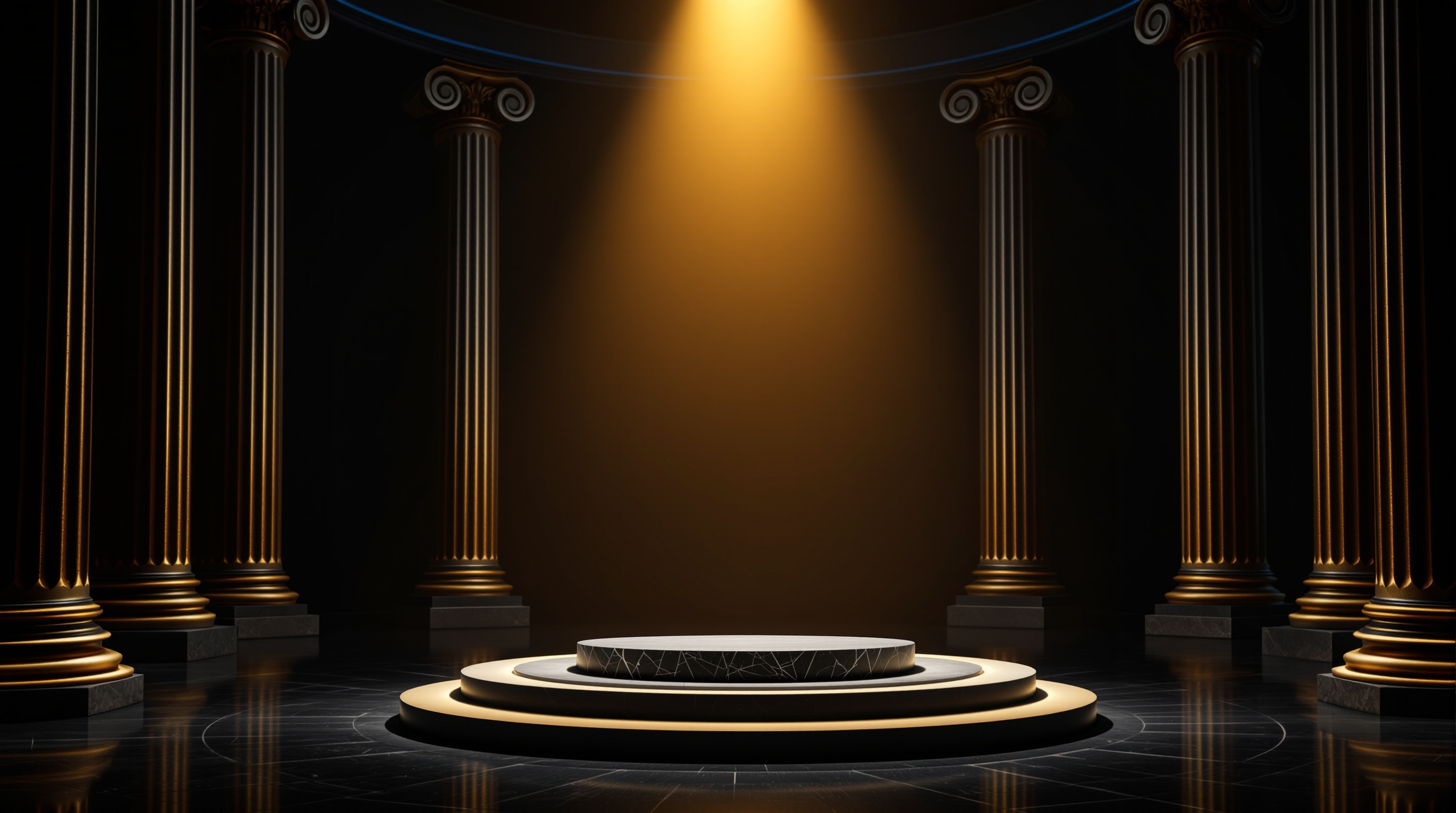 interior of a government-style neoclassical hall: rows of tall fluted columns, a single polished marble step in the foreground, distant narrow apertur — editorial cover artwork for the Knightron story on SEC Sets July 13 Roundtable On IPO Modernization And Small I