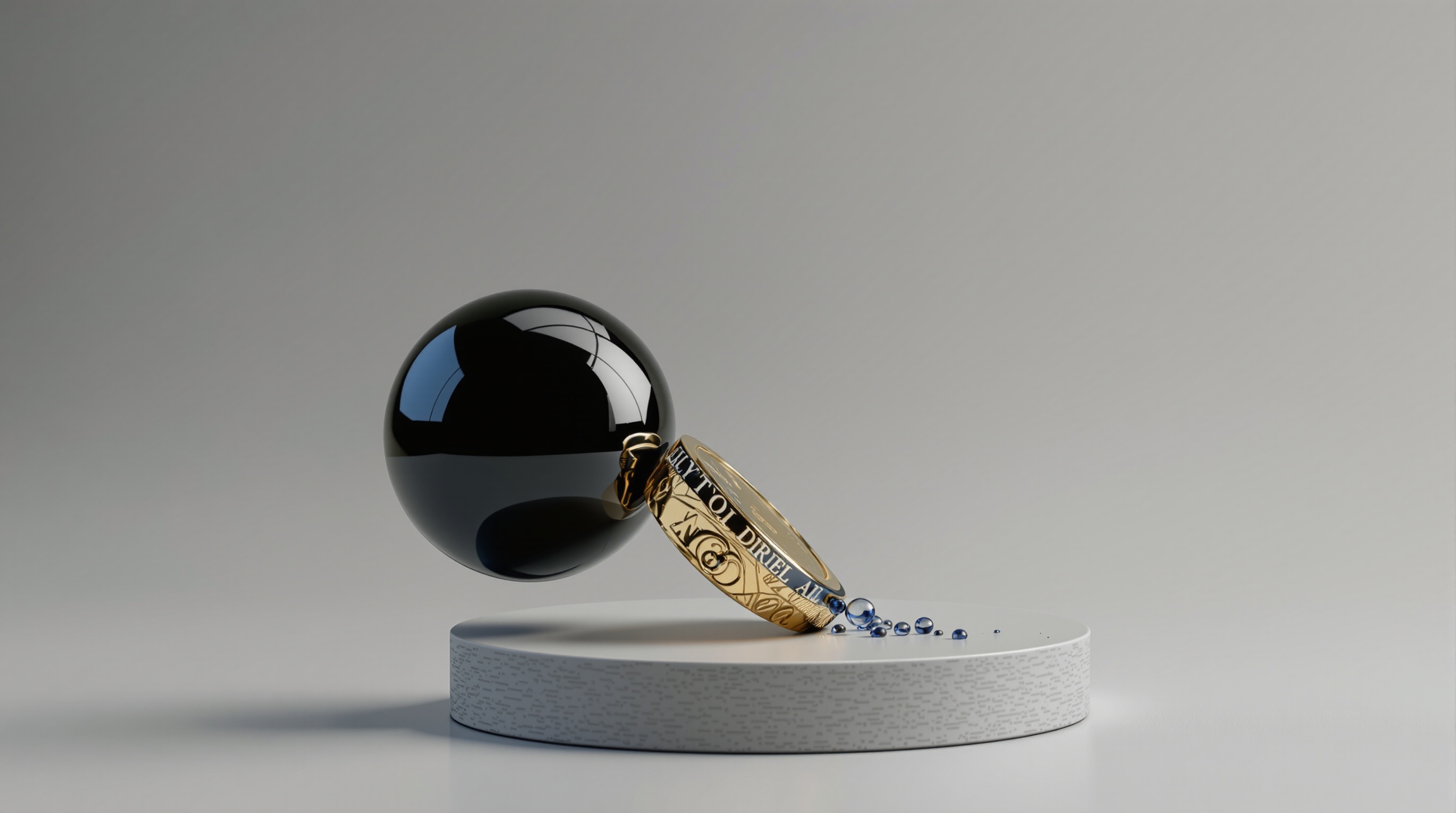 a single museum‑grade faceted gold crypto object (no text or symbols) with a glossy black oil ribbon wrapped around its lower hemisphere — editorial cover artwork for the Knightron story on Oil Shock Tests Bitcoin’S Macro Sensitivity As Markets Price