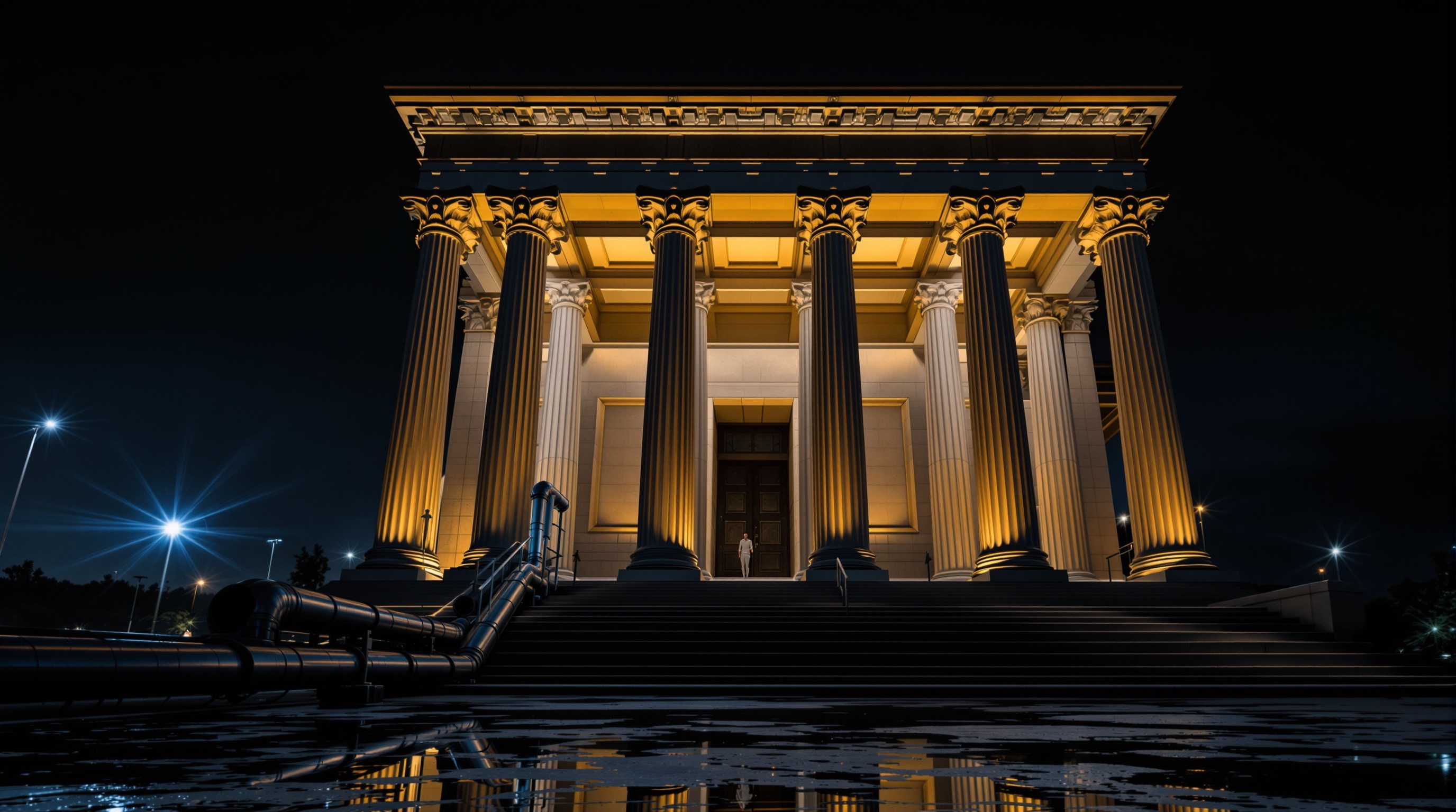 Monumental stone-and-steel financial temple façade (institutional building) with a foreground industrial gas pipeline valve spanning the steps and a p — editorial cover artwork for the Knightron story on Europe’S Electrification Slowdown Puts Utilities, LNG And Ca