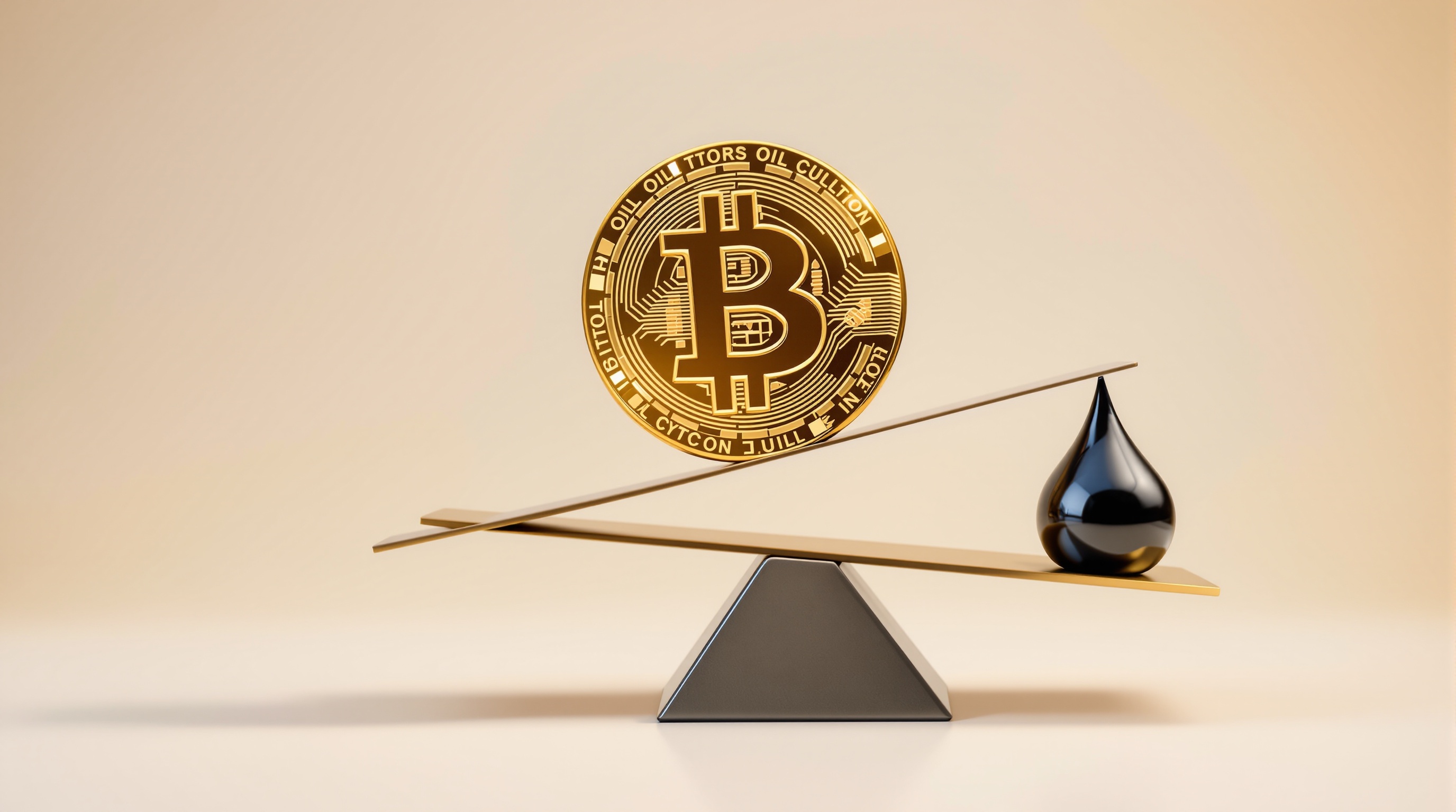a single museum-quality faceted glass-and-gold crypto orb (abstract, no logos or text) partially covered by a viscous black oil film, balanced on a sl — editorial cover artwork for the Knightron story on Oil Driven Inflation Scare Tests Bitcoin’S Rate Sensitivity